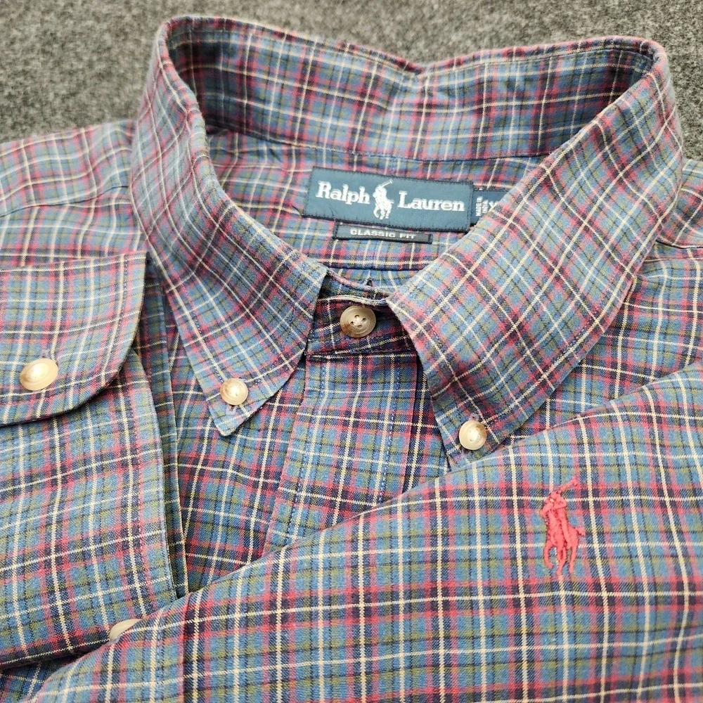 Ralph Lauren Mens XXL Blue Red Plaid Button Down Classic Fit Shirt Red Pony